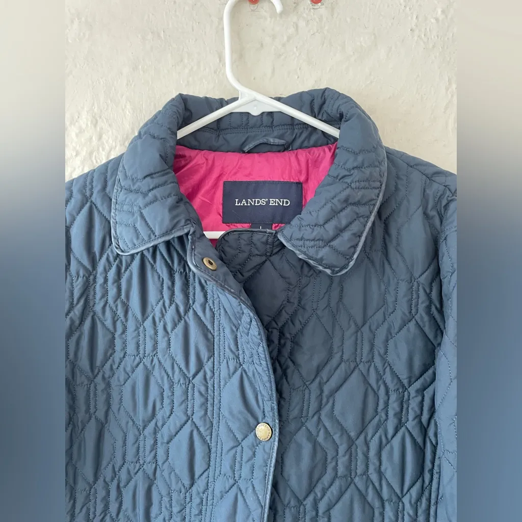 Lands End Womens Size L 14/16 Navy Quilted Primaloft Jacket Packable Snap Front - Image 3