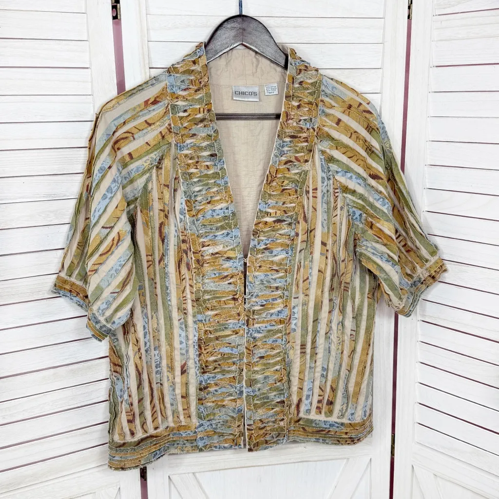 Chicos Shirred Cut Away Art To Wear Short Sleeve V Neck Jacket Tan Multi Large - Image 7
