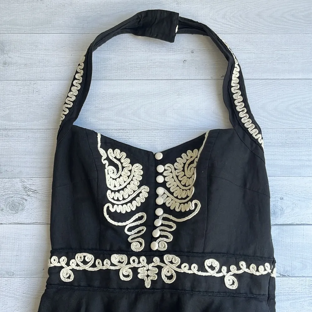 French Connection Black Ivory Linen Blend Embroidered Sweetheart Halter Dress 6 - Image 8