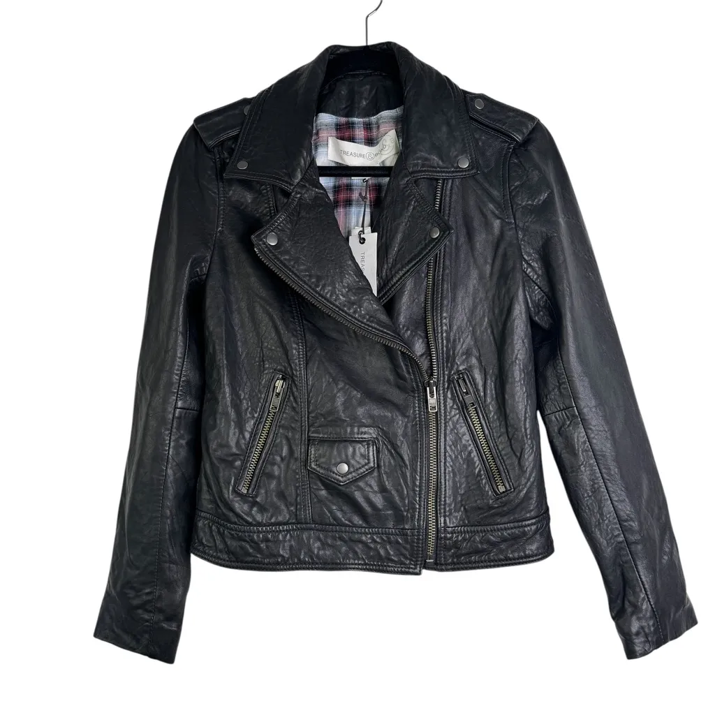 NEW Treasure & Bond NWT Size Medium 100% Leather Biker Jacket Coat Semi-Cropped - Image 2