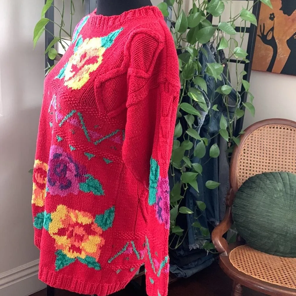 Vintage 80s/90s Picone Sport Red Floral Hand Knit Pullover Crewneck Sweater - Image 2