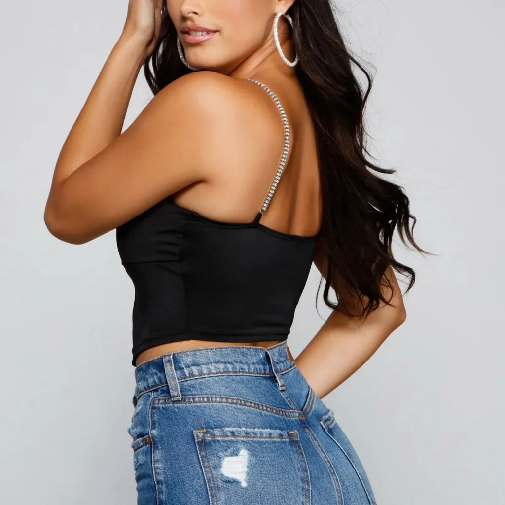 Windsor Gleam And Glow Rhinestone Bustier Top Women’s Small Black Cropped Satin - Image 2