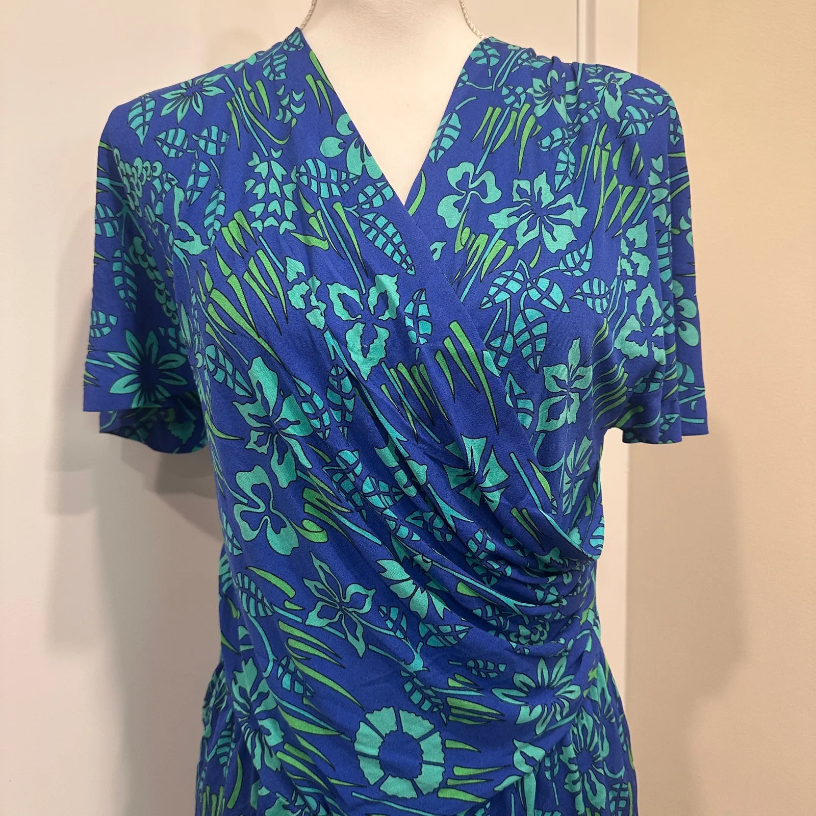 VTG 70s Bessi Firenze Blue Green Floral Silk Faux Wrap Surplice Dress Mod Small Size XS - Image 5