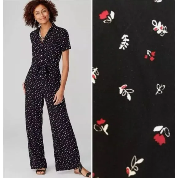 J Jill Black Floral Tie Waist Wide Leg Short Sleeve Casual Flowy Jumpsuit Sz L Size L - Image 2