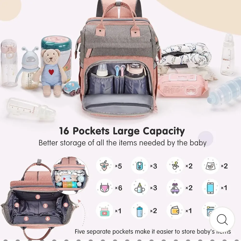 MULTI Compartment diaper bag with changing pad, USB & foldable crib Pink - Image 14
