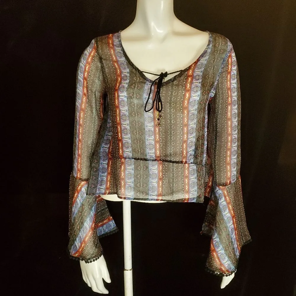 Abercrombie & Fitch Black, Blue, & Red Striped Sheer Bell Sleeve Blouse … - Image 2