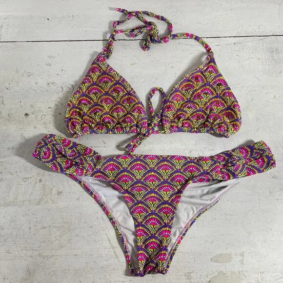 OndadeMar Printed Triangle Bikini Top & Bikini Bottom Set Pink/Purple Women's M Pink Size M - Image 1