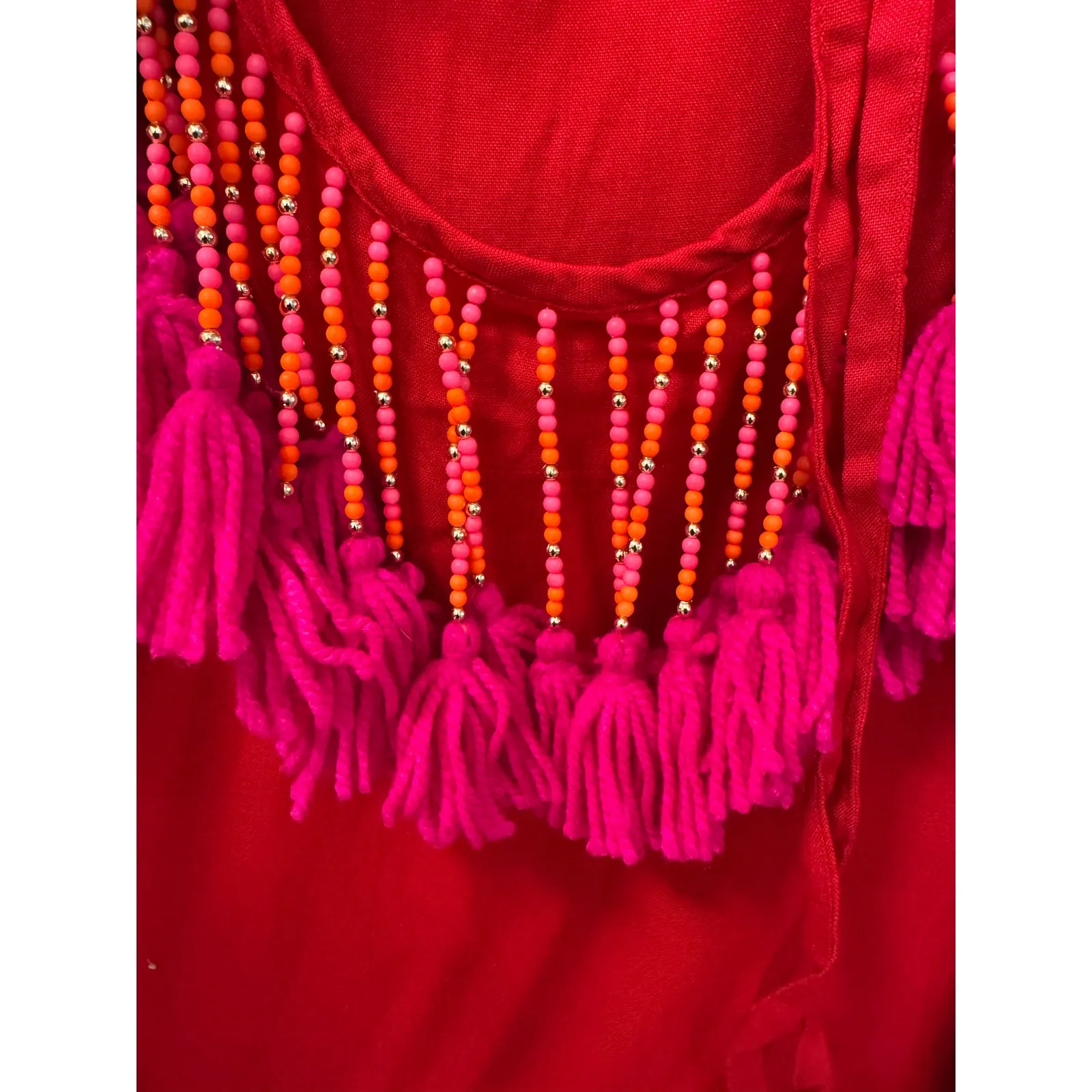 Sundress Indiana Red Beaded Tassel Long Sleeve Beach Coverup Mini Dress XS/S - Image 6