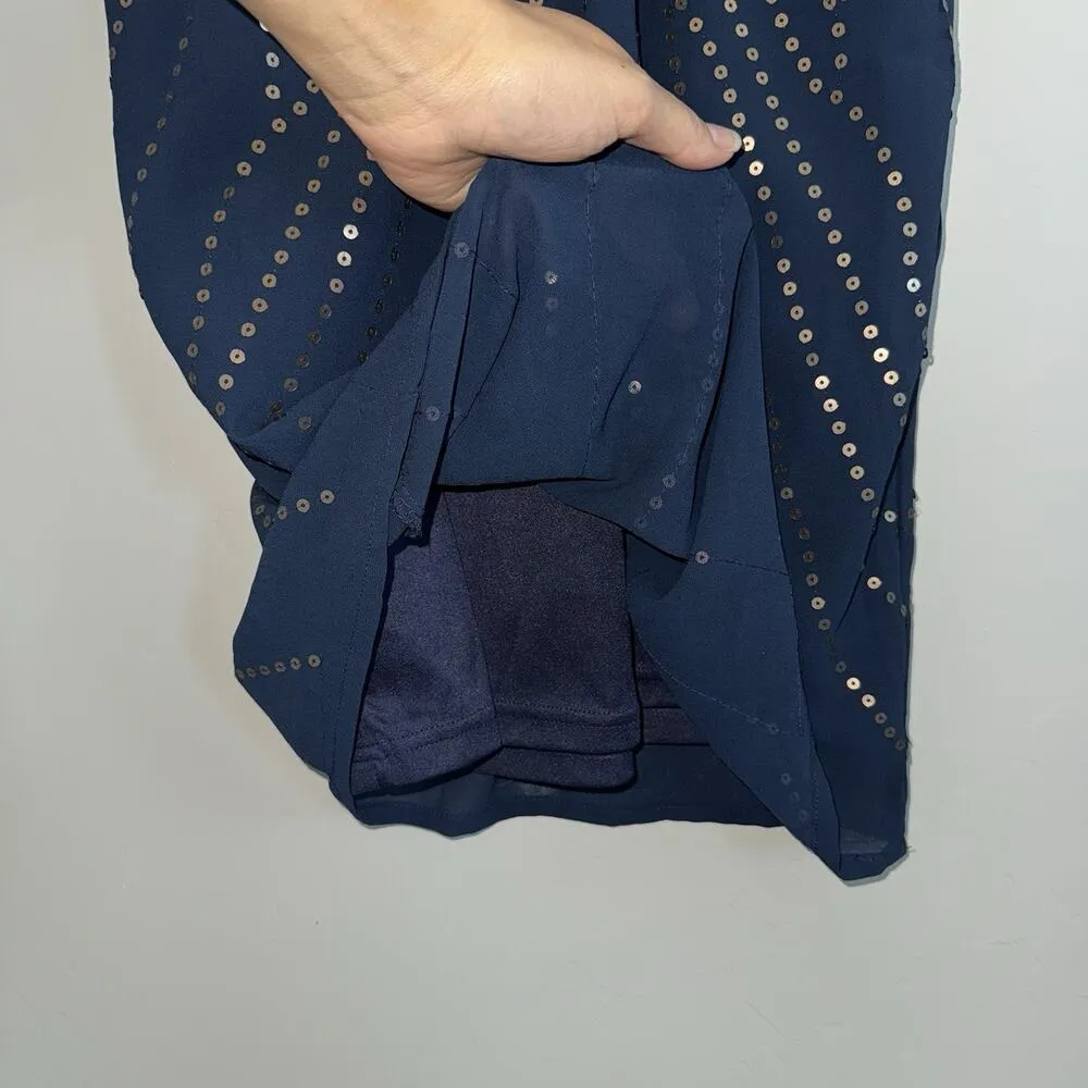 Rio Bazaar Navy Blue & Gold Sequin Dress XS Crisscross Back Art Deco Sparkle - Image 10