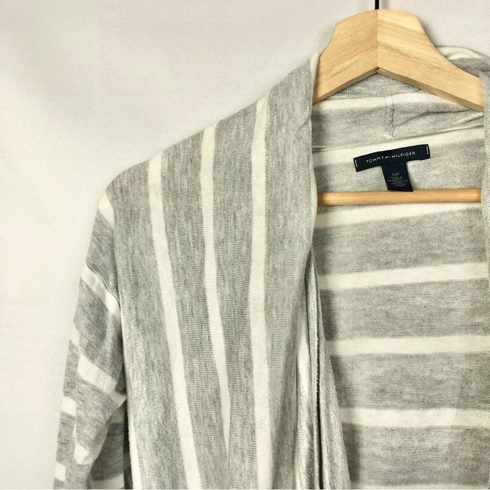 Tommy Hilfiger Light Gray Stripe Open Front Cardigan Sweater S - Image 3