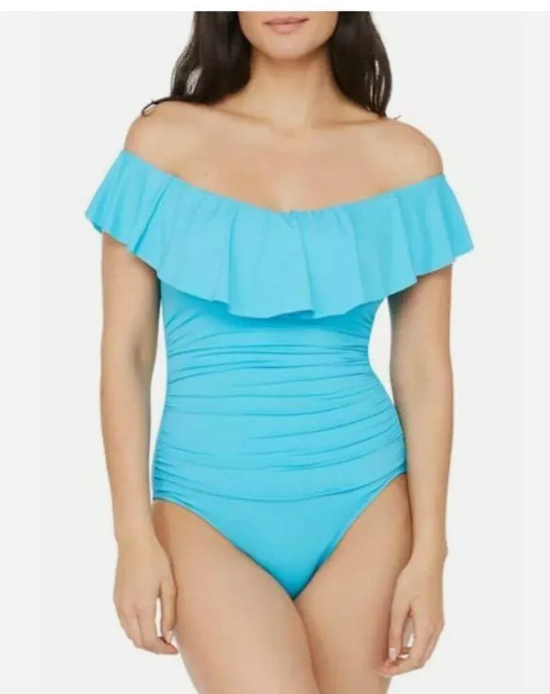 NWT La Blanca Off the Shoulder One-Piece Swimsuit 12, AZUL UPF 50+ - Image 3