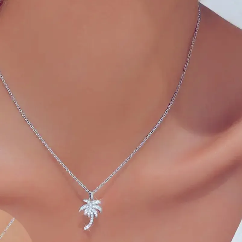 None NEW Palm Tree rhinestone Necklace silver tone - Image 2