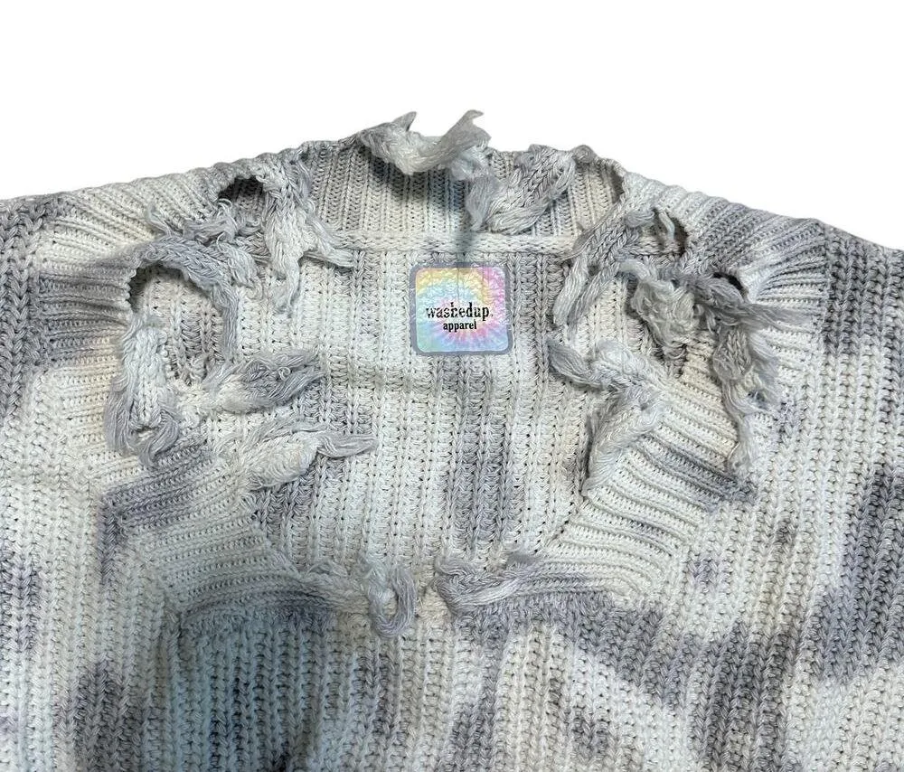 Frayed Cropped Knit Sweater Gray and White Distressed Washedup Apparel Small - Image 3