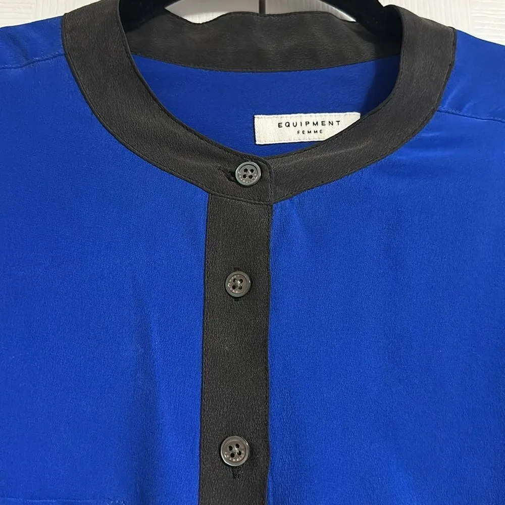 Equipment Women’s Royal Blue with Black Trim Collarless Silk Button Down Blouse - Image 4