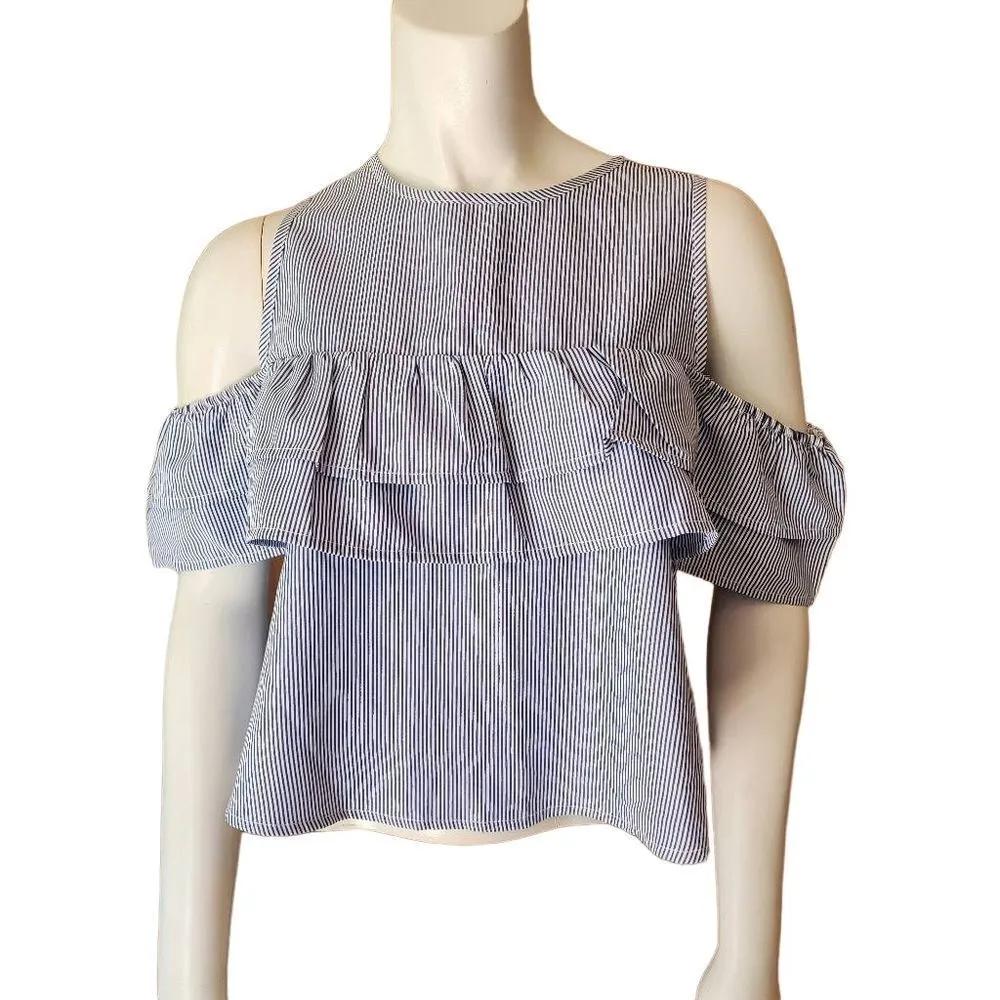 Papaya Blue & White Striped Cold Shoulder Ruffle Top (S) - Image 2
