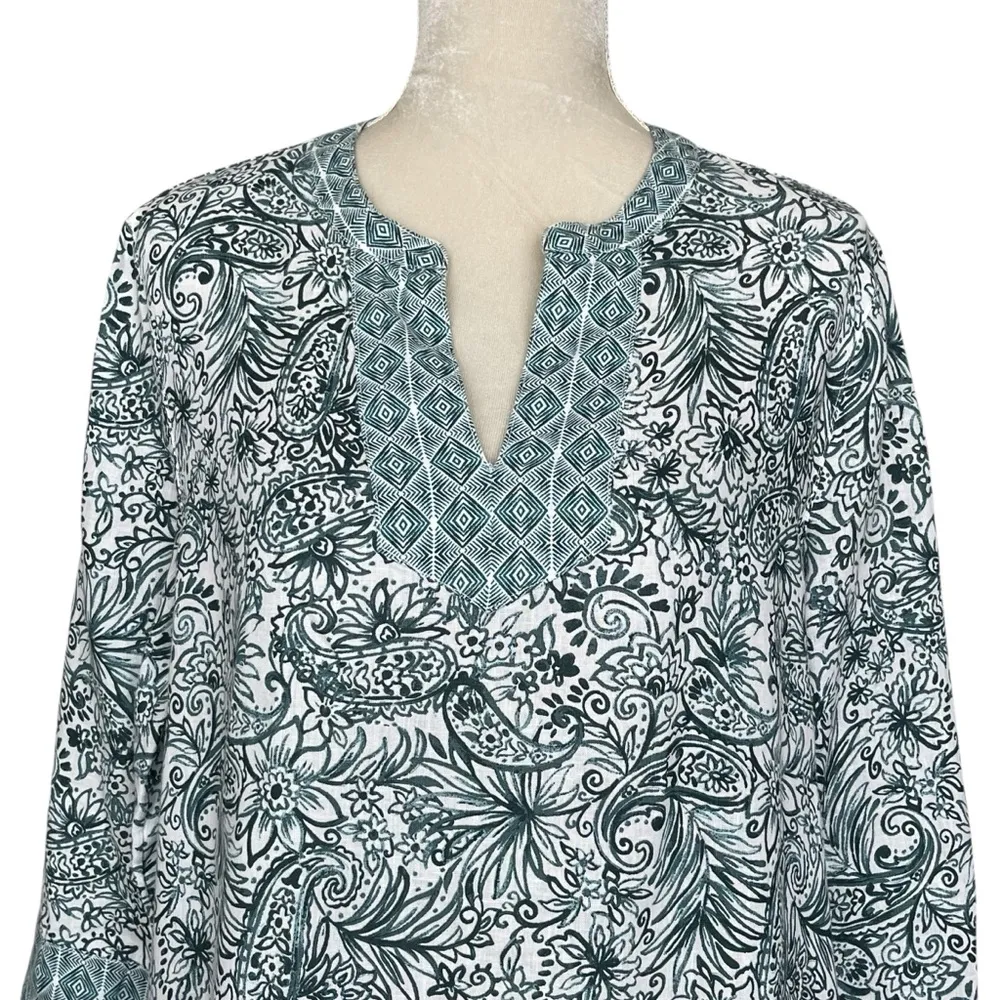 Sigrid Olsen 100% Linen Paisley Floral Tunic Top Women’s Size L 3/4 Sleeves - Image 2