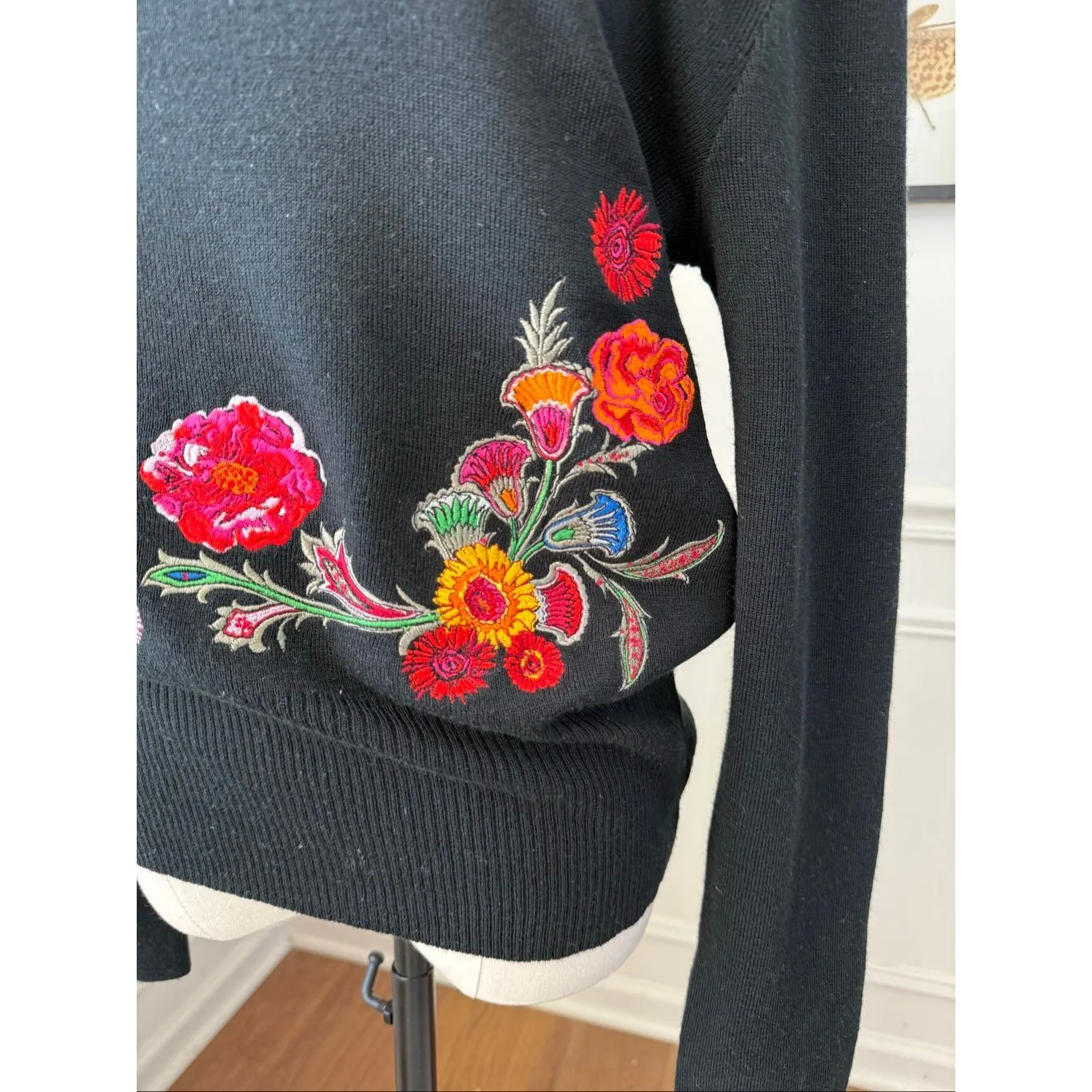 Bogner Black Mock Neck Colorful Embroidered Flowers Ski Sweater Wool Blend M Size M - Image 2