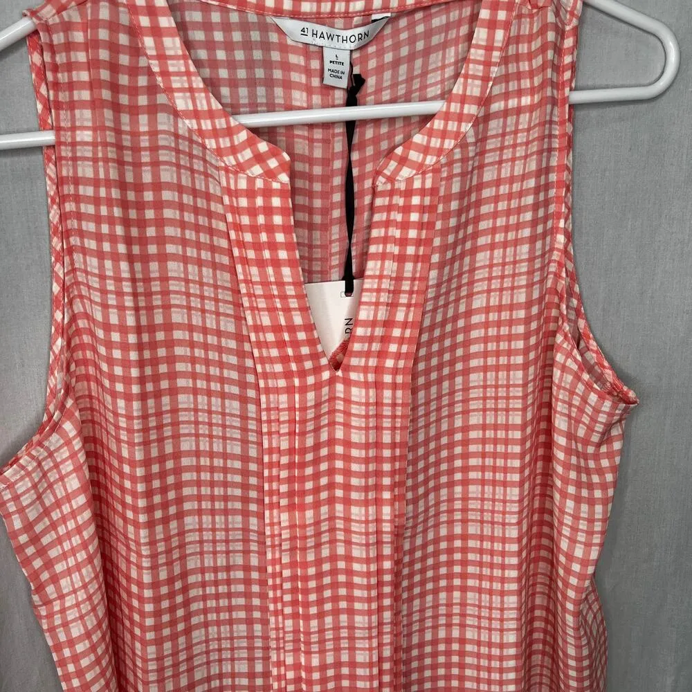 41 Hawthorn Pink Checkered Pleated Lightweight Sleeveless Blouse L Petite Size L - Image 3