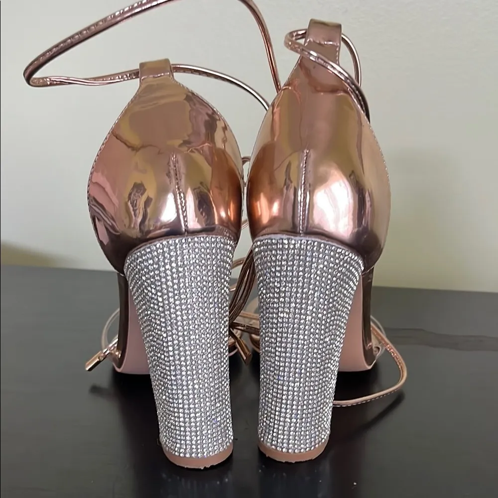 LALA IKAI Chunky Comfy Open Toe Strappy Rhinestone High Heeled Sandals Gold Size 7.5 - Image 6