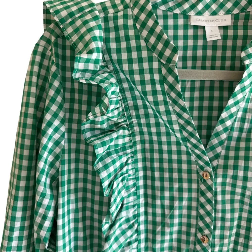 Charter Club Green Gingham Ruffle Blouse Sz L Button Down Long Sleeve Preppy - Image 5