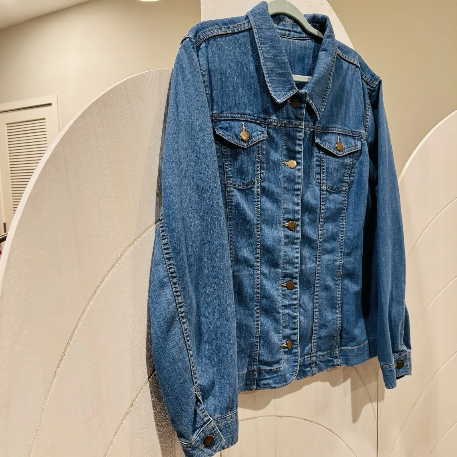 Blue Denim Jacket Button Front Chest Pockets Lightweight Classic Cotton Blend Size 1X - Image 7