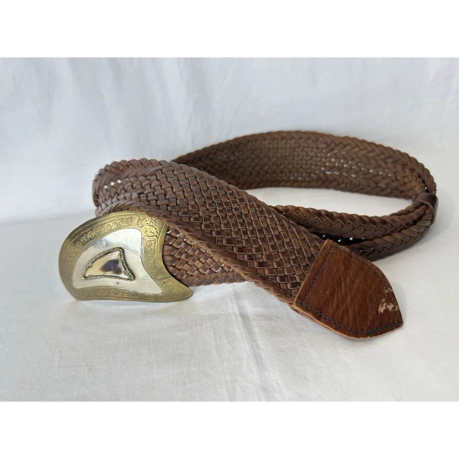 Chicos Women’s Belt Size S/M Brown Braided Leather Metal Buckle Horn Wide - Image 3