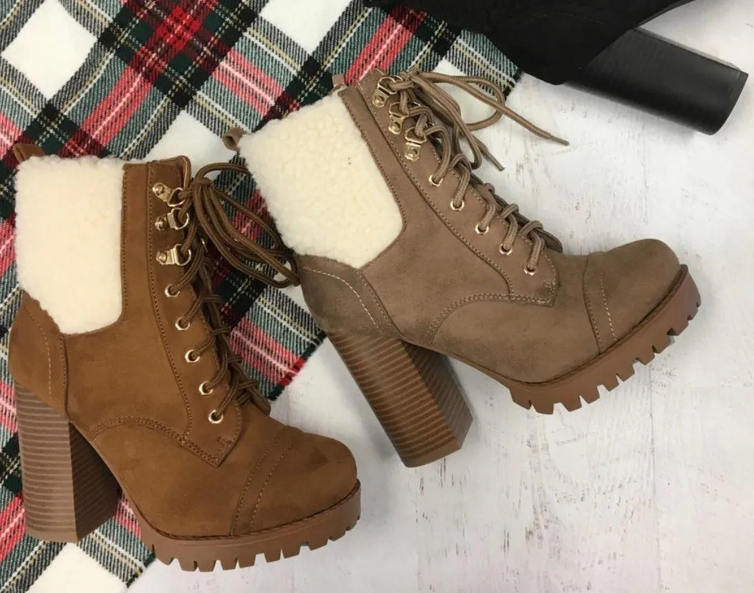 Tan Fleece Lug Sole Ankle Bootie - Image 4