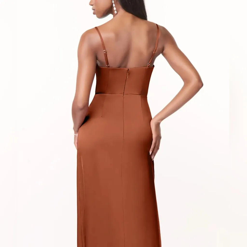 NWT Azazie Maci Bridesmaid Dress Size A6 Cedar Rose Pleated Stretch Satin Gown - Image 4