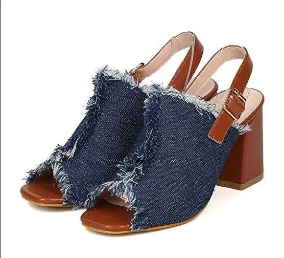 Nature Breeze Chunky Heel Frayed Denim Slingback Mule - Image 2