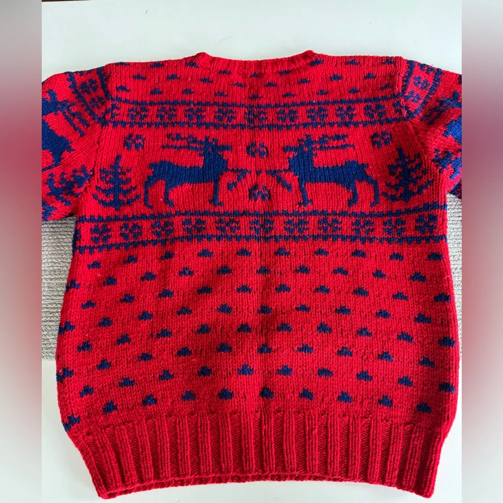 Vintage Hand Knit Wool Ralph Lauren Red Cobalt Blue Reindeer Sweater Sz Medium - Image 8