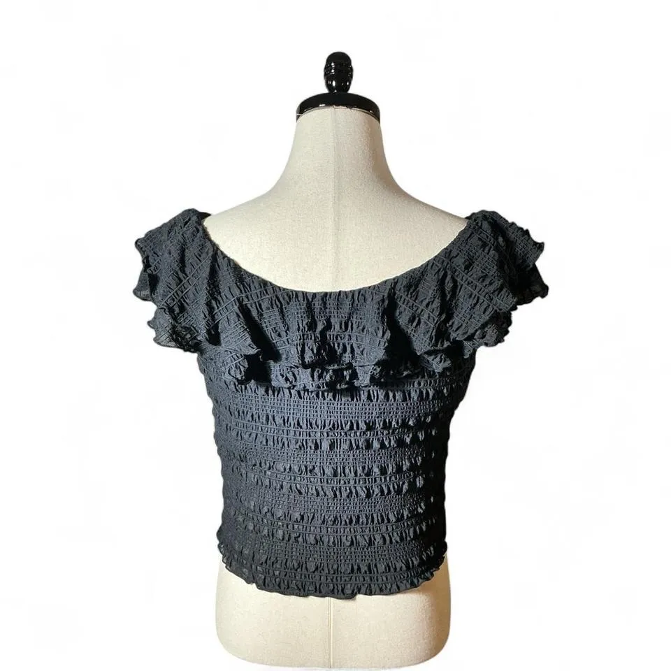 Free People Black Smocked Ruffled Square Neck Crop Top Tank M Fairycore Grunge - Image 2