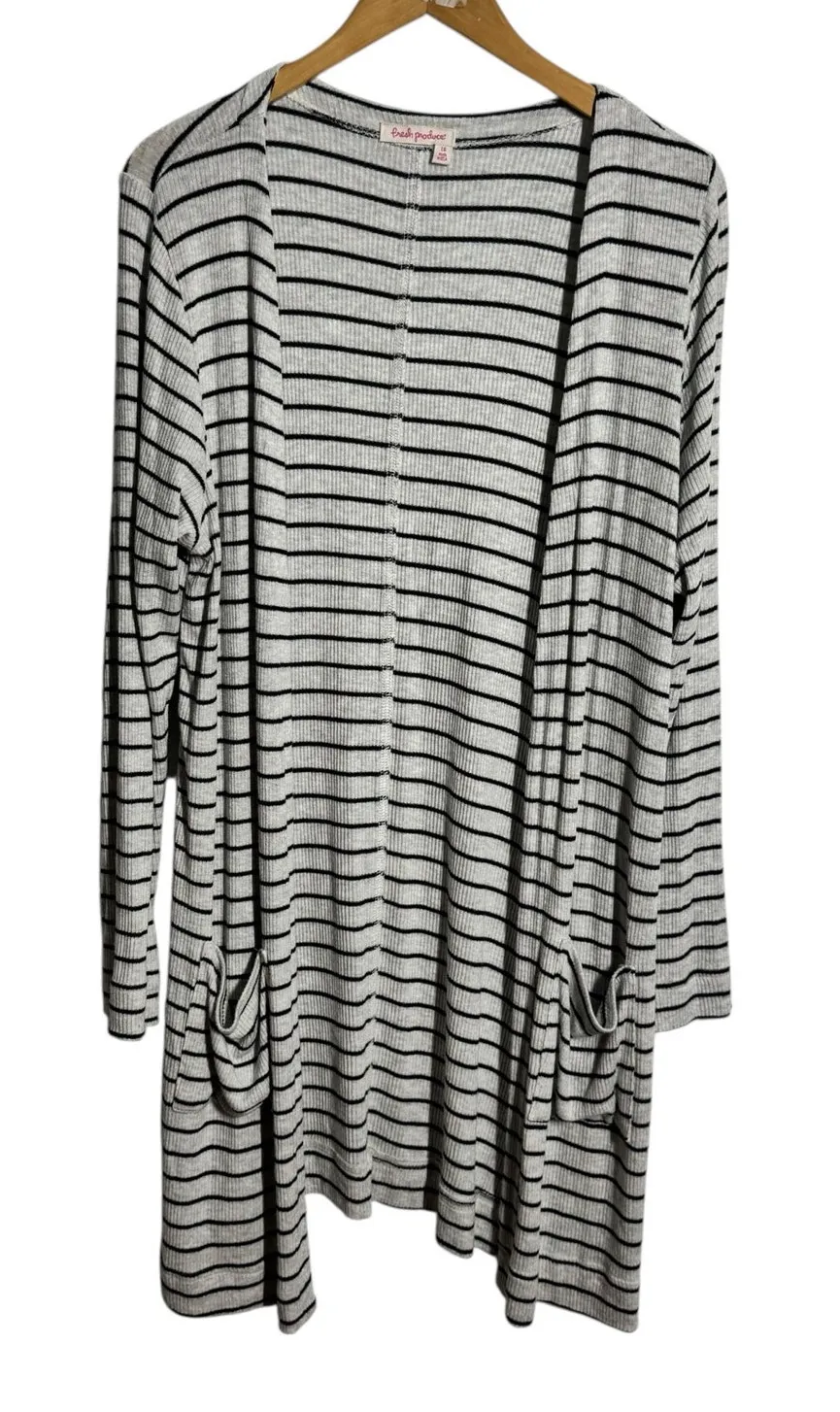 Fresh Produce Open Front Cardigan Sweater Women L Gray Blue Nautical Stripe USA - Image 1