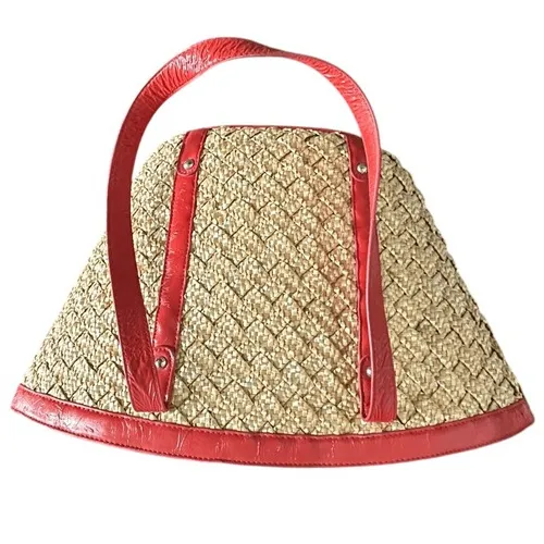 Coldwater Creek Woven Straw Tote Bag Red Leather Trim Flower Accent  Vacation - Image 3