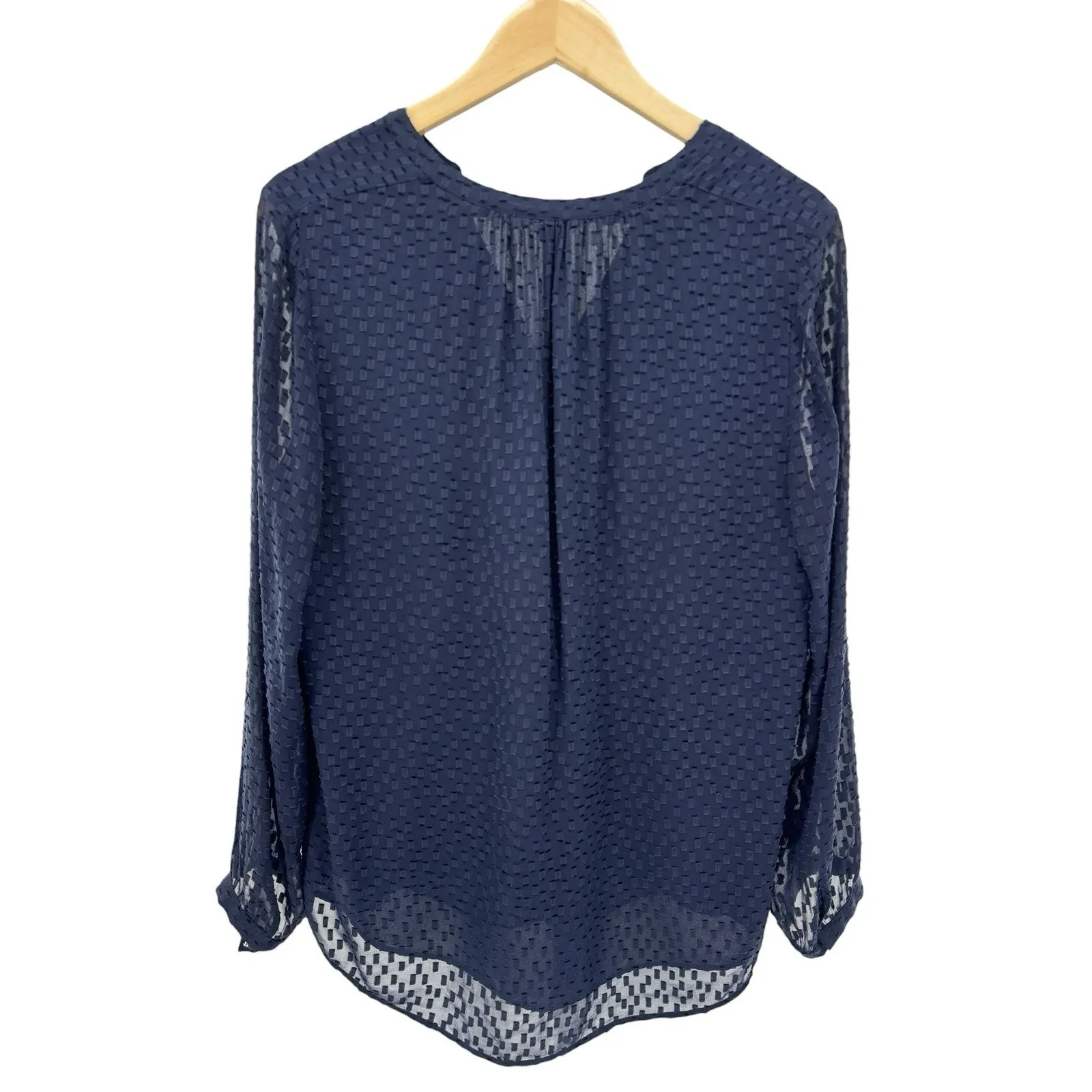 J.Crew Navy Textured Sheer Long‎ Sleeve Silk Blend Blouse Size 10 Tall V-Neck - Image 5