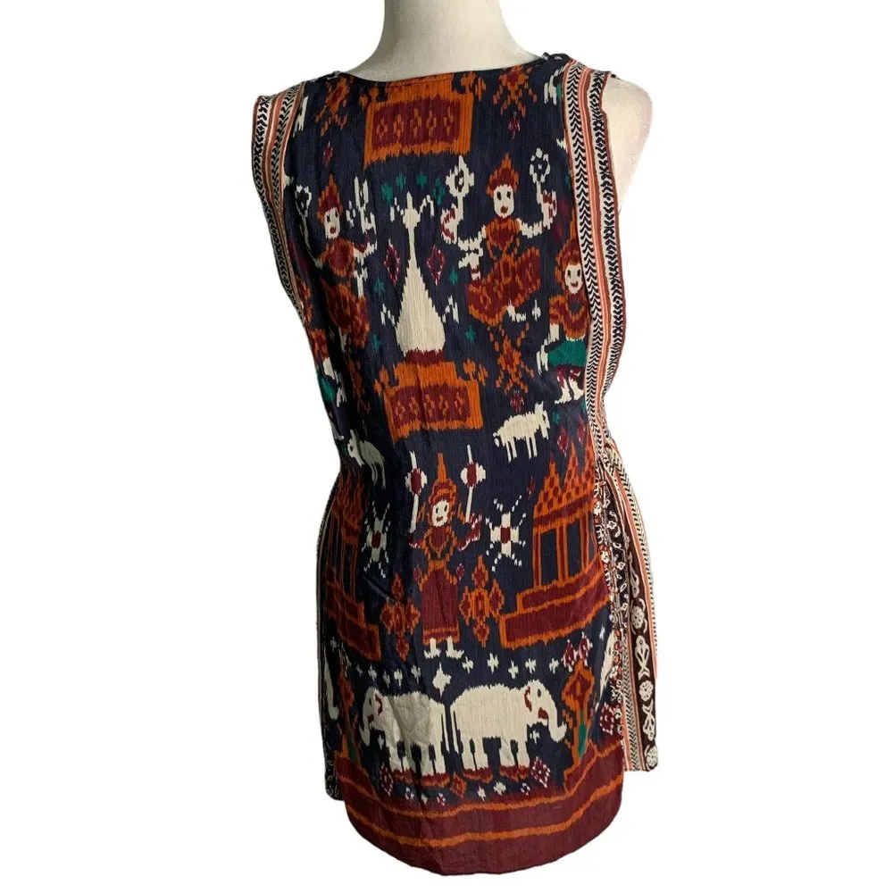 Calypso St Barth Ikat Silk Mini Dress XS Blue Elephants Scoop Neck Sleeveless - Image 4