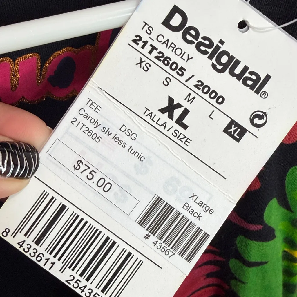 Desigual Black Floral Sleeveless Tunic Top Asymmetrical Hem. Size XL - Image 3