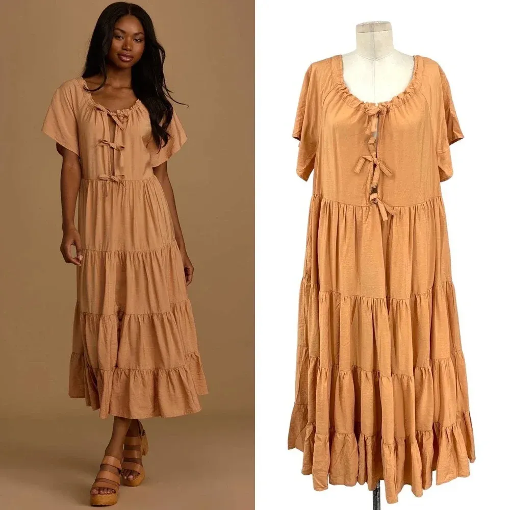 Lulus Present Moment Light Orange Bow‎ Front Tiered Maxi Dress Size Large - Image 2