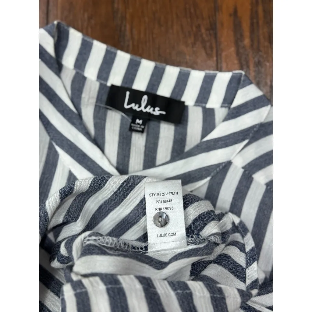NEW Lulus Womens M Blue White Vertical Stripe Button-Up Tie Front Tunic Top Chic - Image 8
