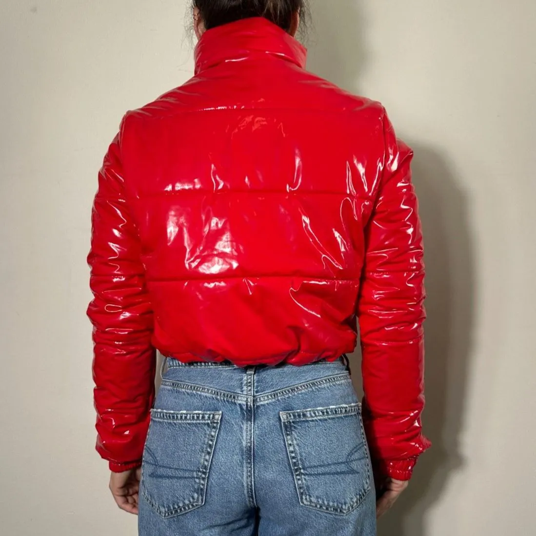 36Points Red Shiny Cropped Bomber Jacket Size Medium - Image 3