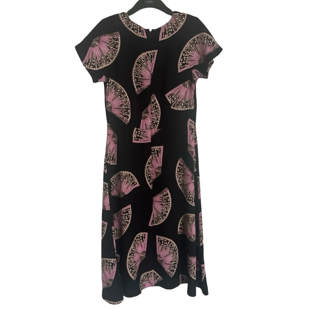 Ann Taylor "Dancing Fan" V-Neck Midi Dress in Black with Pink/White Fan Print - Image 7