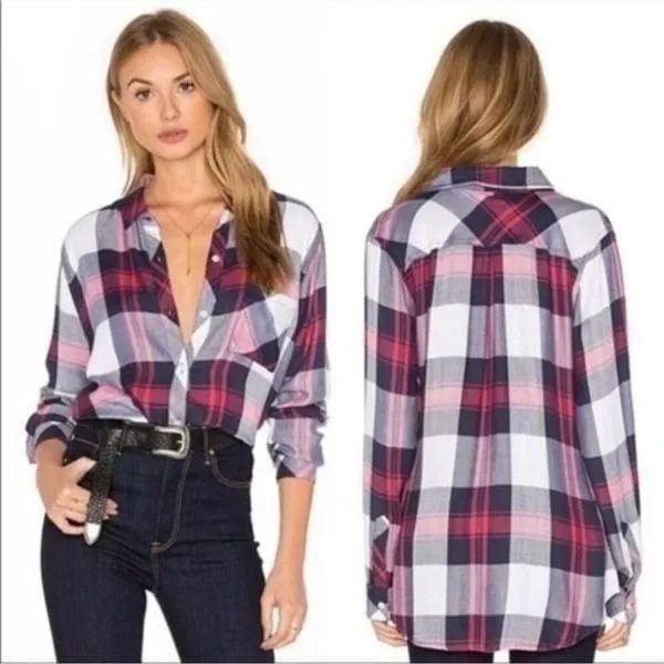 Rails Hunter‎ Plaid Flannel Button Up Shirt White Indigo Blue Blush $148 Size XS - Image 2