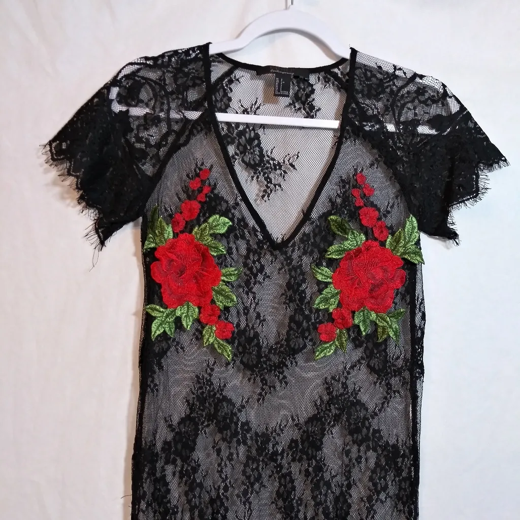 FOREVER 21 Sheer Mesh Midi Dress Whimsigoth Black Lace Pink Floral Applique Sz S - Image 2
