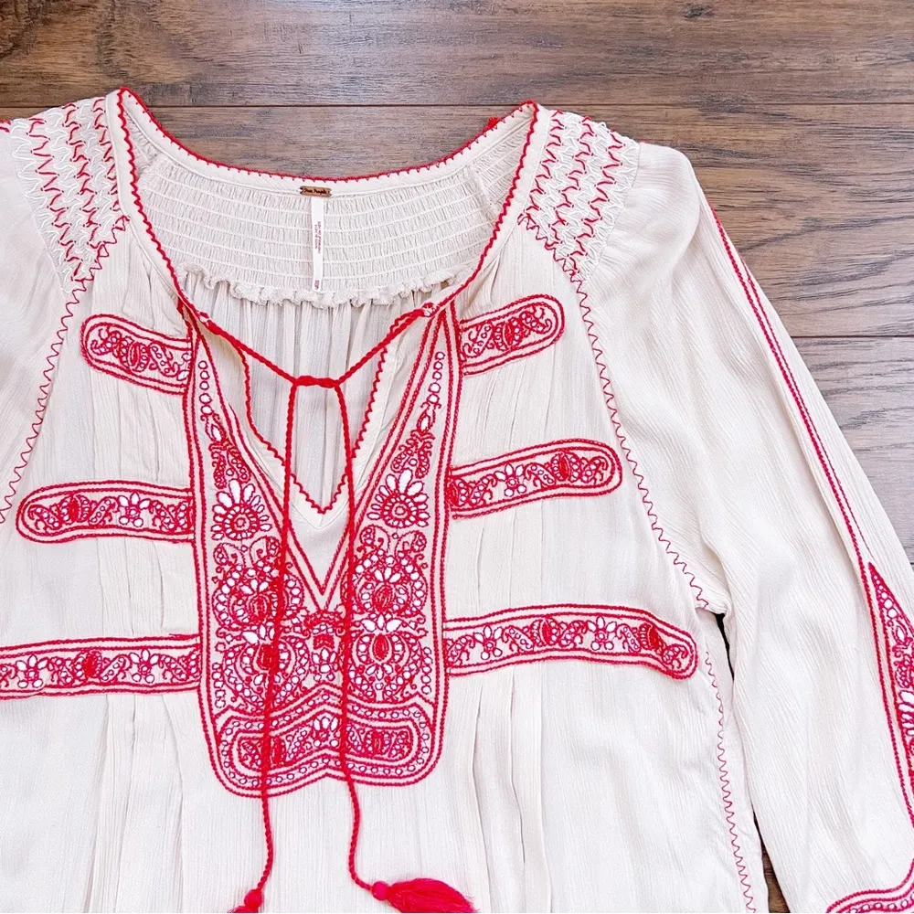 Free People • Wind Willow embroidered mini dress peasant smocked tassel cream - Image 5