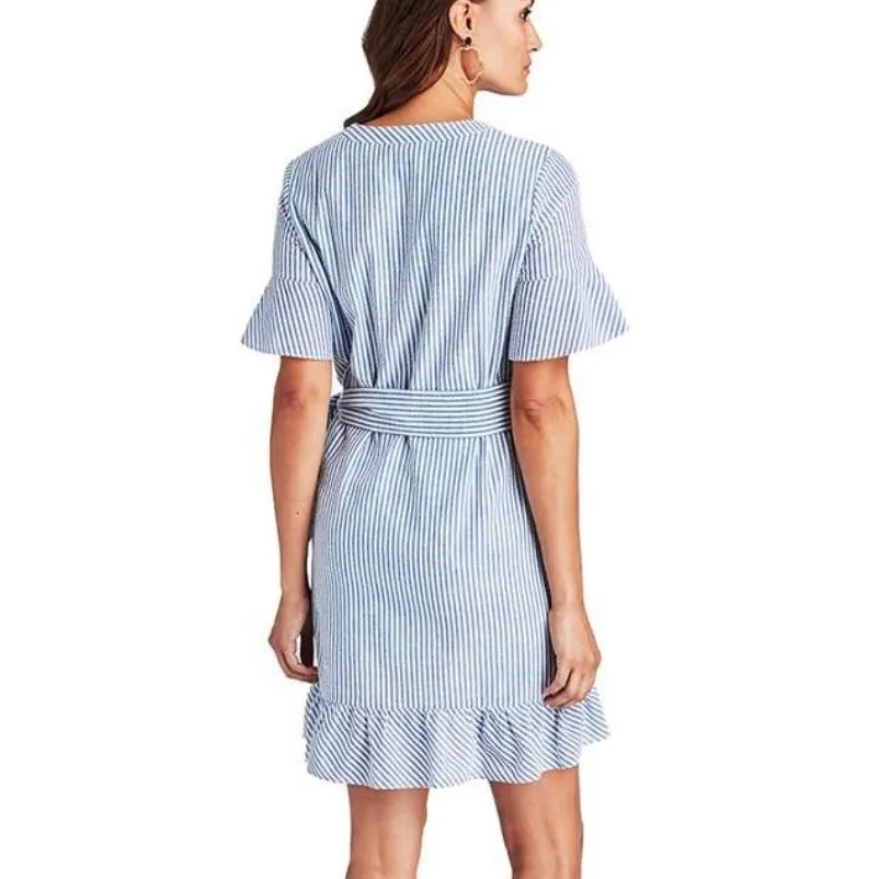 Vineyard Vines Seersucker Wrap Dress Blue White Size 0 V-Neck Ruffle Hem Preppy‎ - Image 4