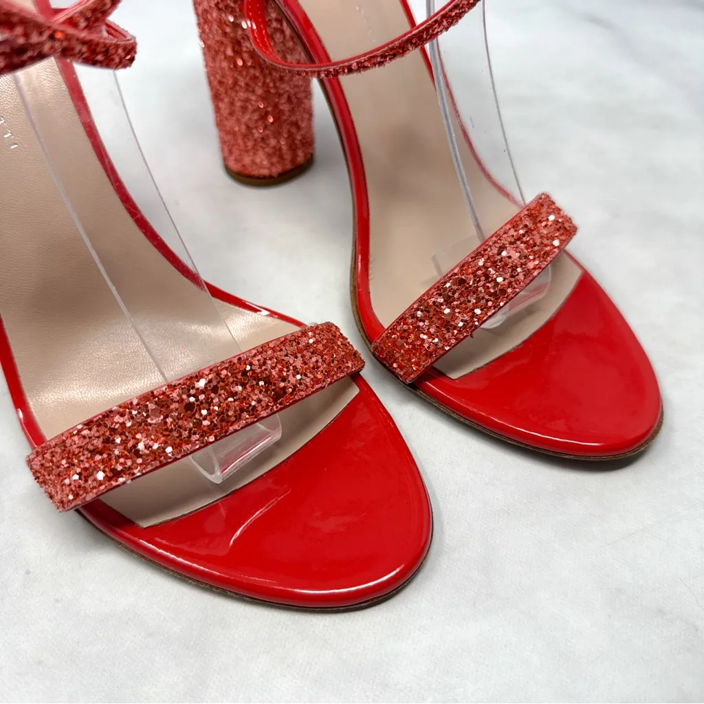 Giuseppe Zanotti Tara Glitter Strappy Leather Block Heel Sandals Red Orange 40 - Image 6