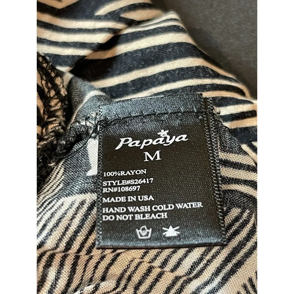 Papaya Pinkish Tan Black Tropical Leaf Striped Print Button Pleated Mini Skirt M - Image 4