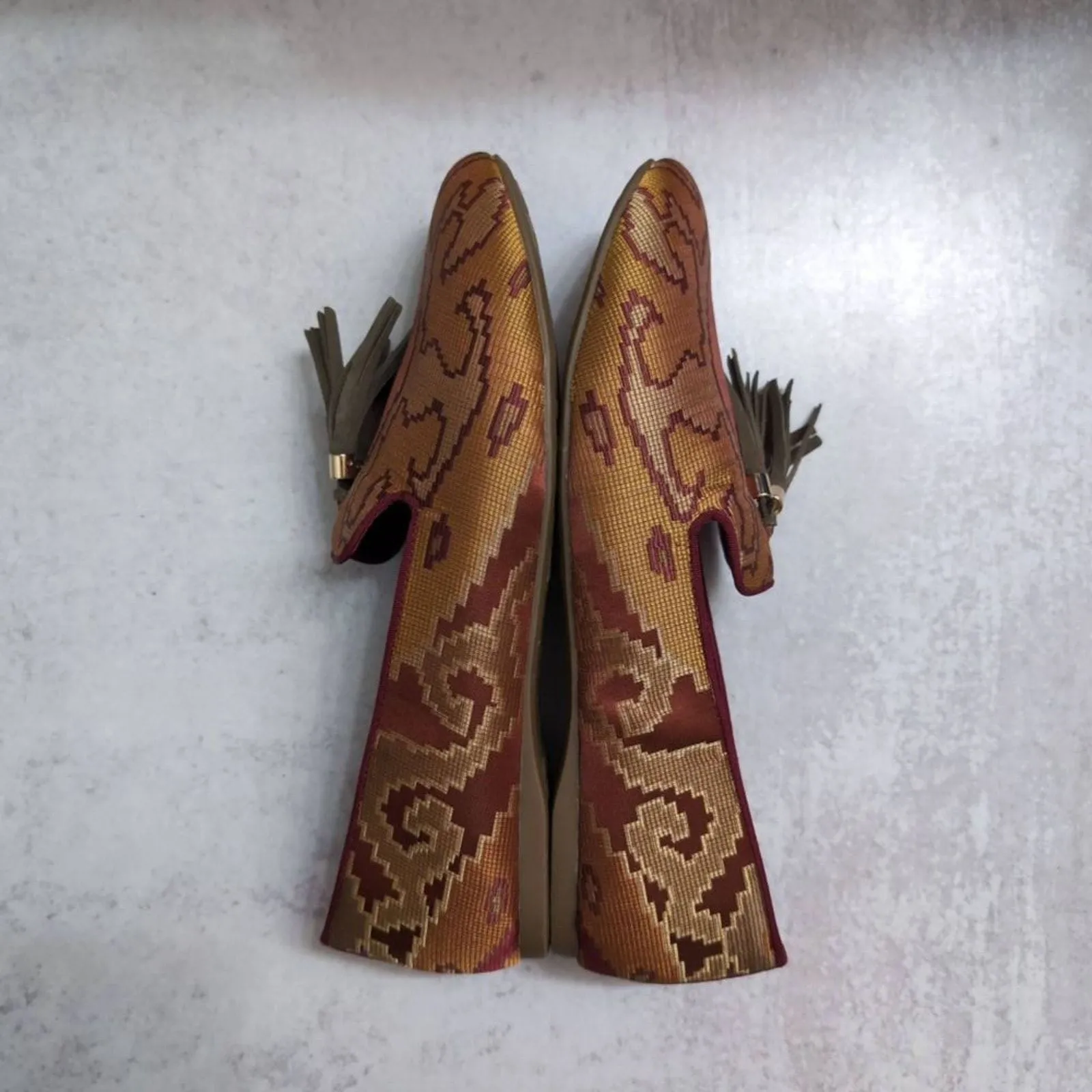 BIRDIES The Starling Rust Tapestry Gold Maroon Tassels Woven Flats Loafers 11 - Image 6