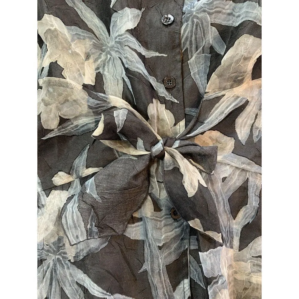 Robert Kitchen Sheer Blouse Women XL Floral Mature Coastal Grandma Office Canada Gray - Image 6