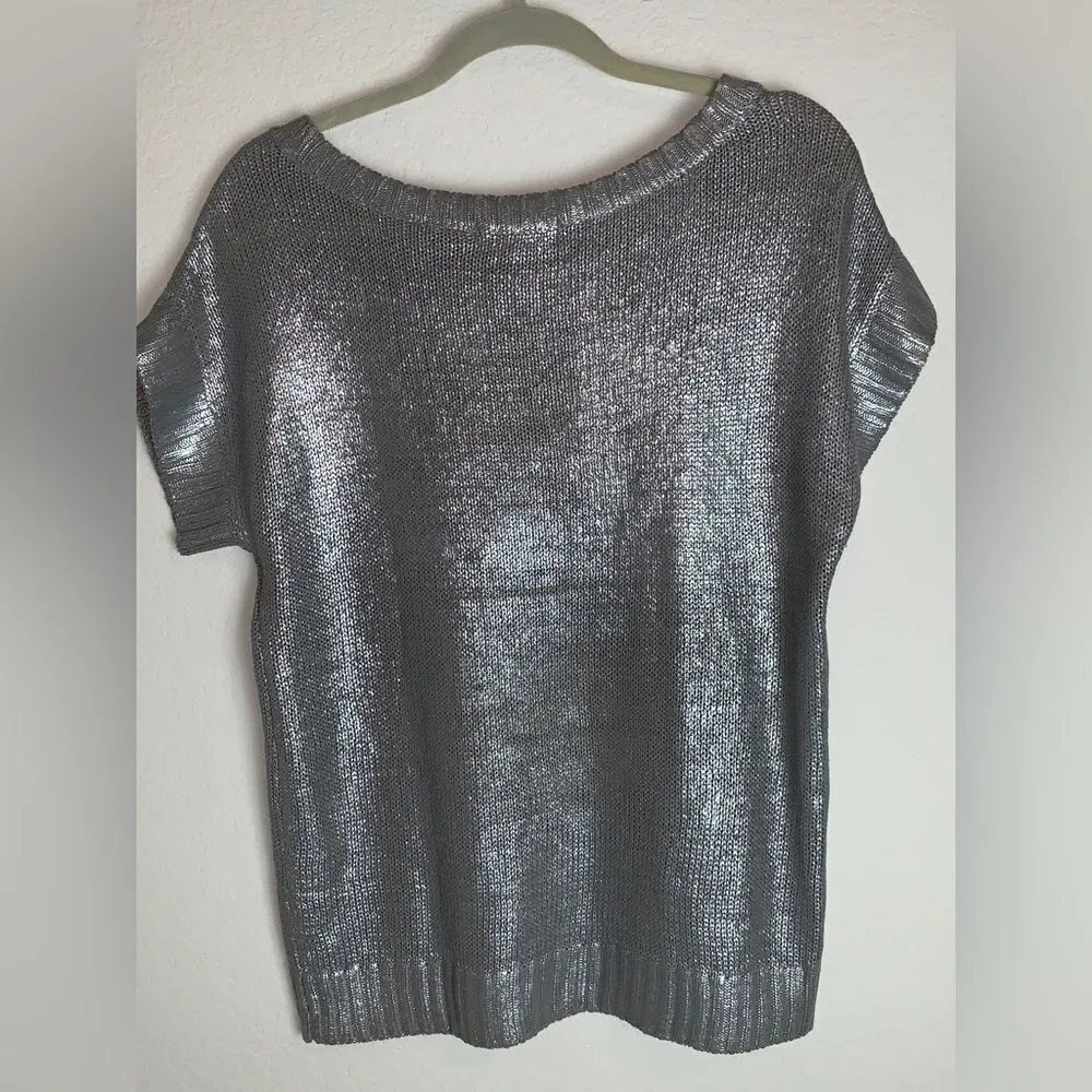 Verve Ami: Metallic Silver Short Sleeve Sweater, L - Image 3