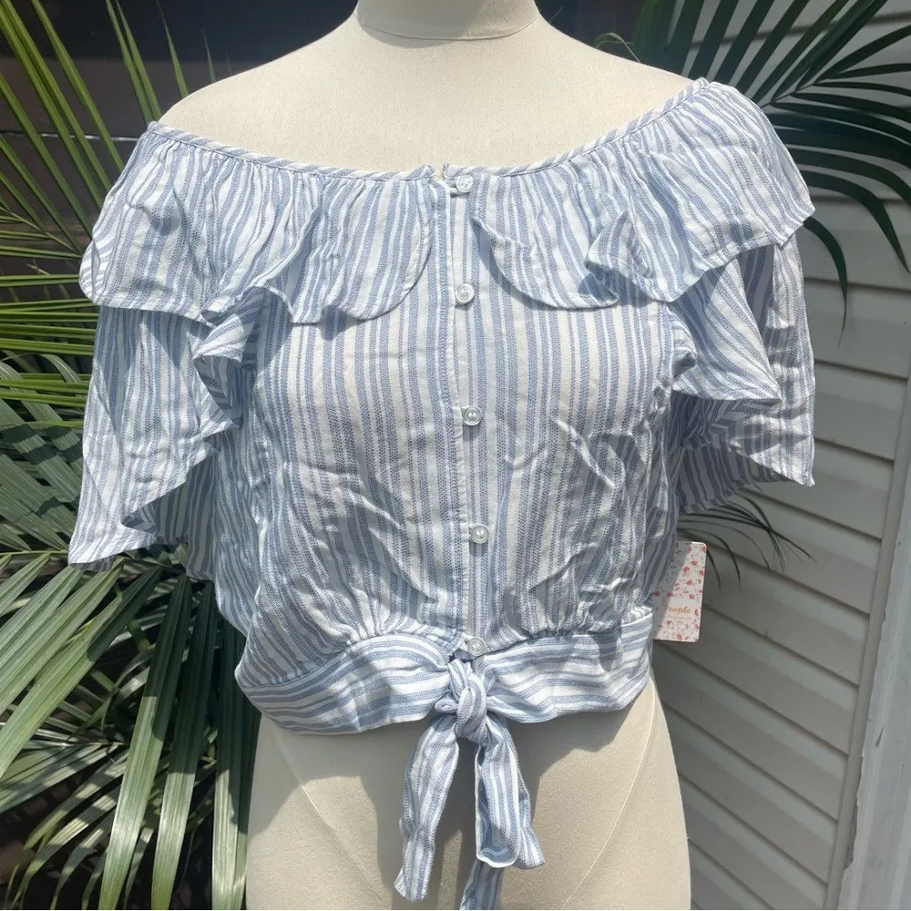 Free People Off-Shoulder Ruffle‎ Tie-Front Top M NWT | Coastal Chic Striped - Image 3